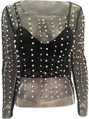 Miniatura 4 de Top sexy de malla transparente con perlas para mujer, top transparente de manga larga con diamantes de imitación