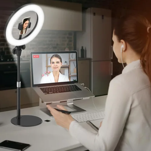 Miniatura 9 de Anillo de luz de escritorio de 10 pulgadas con soporte, iluminación de zoom con soporte para teléfono para computadora, videollamadas, conferencias