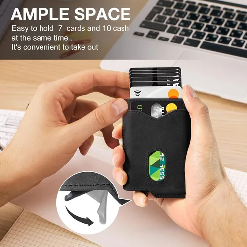 Miniatura 2 de GSOIAX Cartera delgada para hombre, piel auténtica, piel vacuna minimalista con bloqueo RFID y caja de regalo, Negro -, Slim