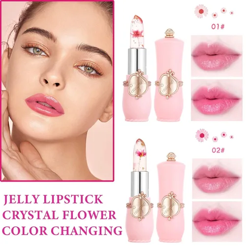 Miniatura 2 de 2 lápices labiales de gelatina de flores de cristal, lápiz labial transparente con flor en el interior, bálsamo labial teñido que cambia