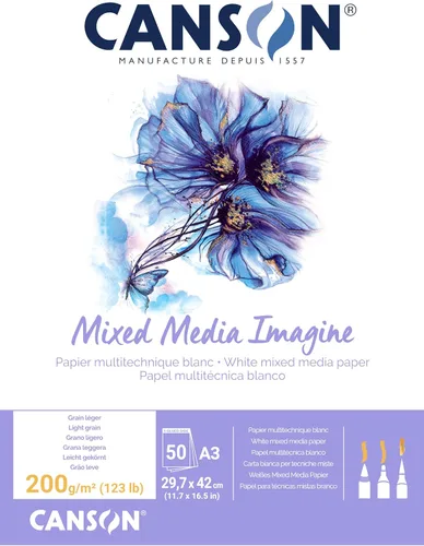 Canson Imagine Mixed Media - Papel de 7.05 oz/m², color blanco natural, bloc A3, incluye 50 hojas