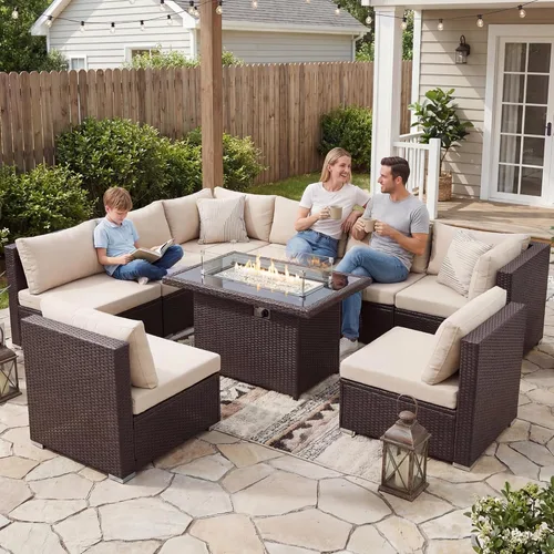 Miniatura 74 de NICESOUL Juego de muebles de patio para exteriores de 7 piezas con mesa para hoguera, gas natural y propano convertible, respaldo alto de 29.3