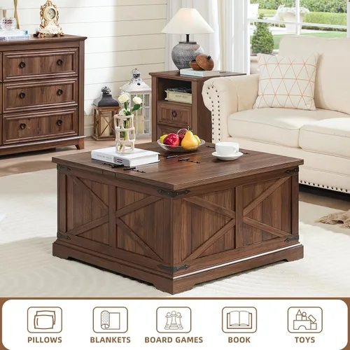 Miniatura 3 de Joaxswe Mesa de café estilo granja con gran compartimento de almacenamiento oculto, mesa central cuadrada retro marrón, mesa baja rústica de madera