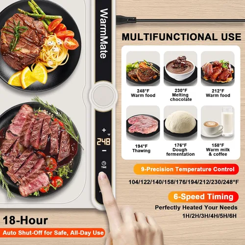 Miniatura 2 de Tapete de calentamiento de alimentos, bandeja de calentamiento eléctrica con control de precisión de temperatura de 9 niveles, temporizador de 6
