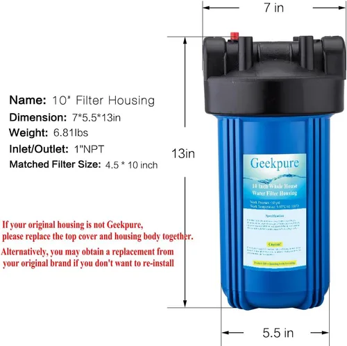 Miniatura 3 de Geekpure Carcasa de filtro de agua grande de 10 pulgadas para toda la casa, apta para filtros de 4.5 x 10 pulgadas, puerto de latón azul de 1
