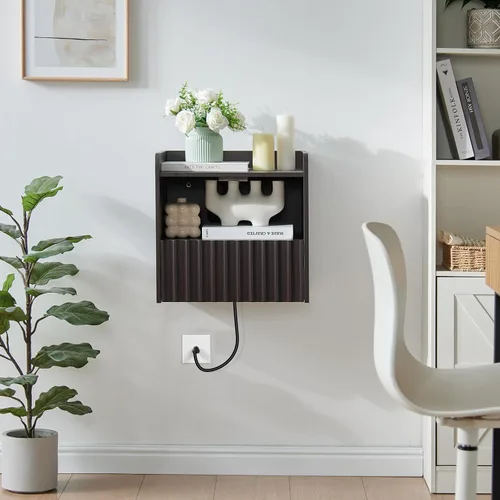 Miniatura 7 de BuildHom Moderna mesita de noche flotante acanalada montada en la pared, juego de 2 mesitas de noche con cajón de almacenamiento y estante