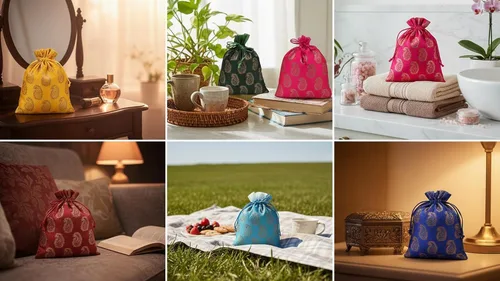 Miniatura 3 de Touchstone Preciosas bolsas de envoltura de regalos reutilizables, respetuosas con el medio ambiente, grandes con cordón de brocado Paisley