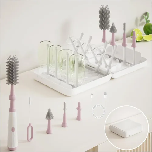 Miniatura 9 de Potente juego de limpiador eléctrico de cepillos para biberones, completo con cepillos de silicona para botella/pezón/hueco/pajita, además de un