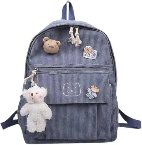 Miniatura 9 de YUESUO Mochila grande de pana Kawaii con bonito colgante de oso, bolsa vintage para niñas, estudiantes, mochila escolar, mochila para libros, Negro
