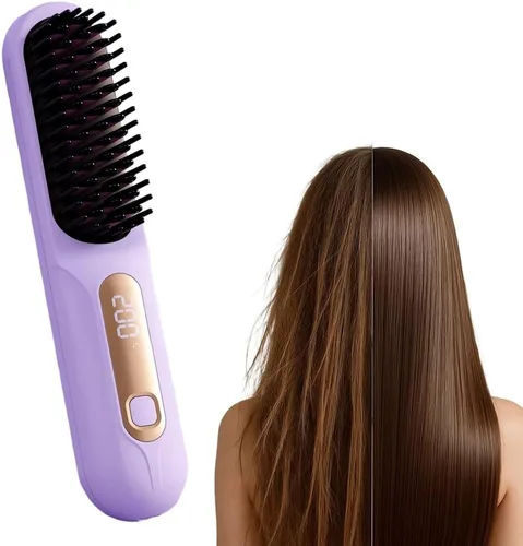 Miniatura 10 de Cepillo alisador portátil profesional para viajes, mini cepillo alisador de pelo inalámbrico con pantalla LCD, cepillo de peinado recargable por USB