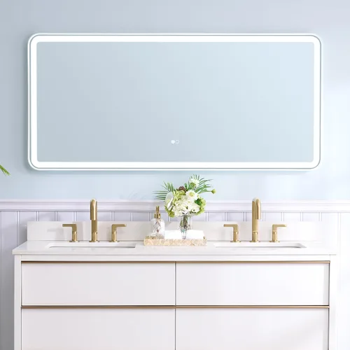 Miniatura 12 de WELLFOR Espejo LED enmarcado de 48 pulgadas de ancho x 36 pulgadas de largo, espejo rectangular de esquina redondeada de metal con luces para baño
