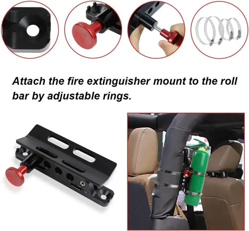 Miniatura 3 de Barra antivuelco de liberación rápida para extintor de incendios, soporte de montaje para extintor compatible con Jeep Wrangler Gladiator Ford Negro