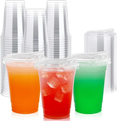 Lilymicky Vasos de plástico transparente de 16 onzas (paquete de 90) con tapas para sorber sin pajita, vasos desechables para café helado, batido,