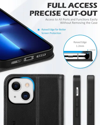 Miniatura 7 de SHIELDON Funda para iPhone 13 Mini 5G, cartera de piel auténtica, cierre magnético, ranuras para tarjetas, función atril, funda de protección Negro