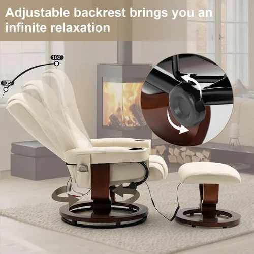 Miniatura 6 de AVAWING Silla reclinable con masaje por vibración, reclinable, de piel sintética, con otomana, giratoria, de madera, para sala de estar, color beige