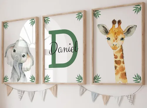 Miniatura 10 de Animales de safari personalizados para habitación de bebé, niño, niña, cuarto de bebé, juego de 3 impresiones sin marco, nombre personalizado, gris