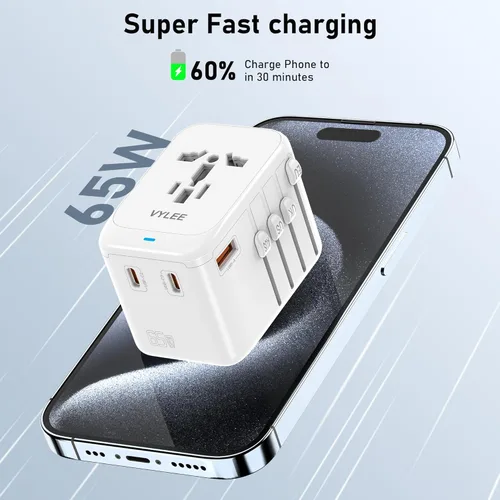 Miniatura 2 de VYLEE Adaptador de enchufe de viaje, cargador de viaje rápido GaN de 65W, adaptador de enchufe internacional con 3 USB-C PD y 1 USB-A QC con Blanco