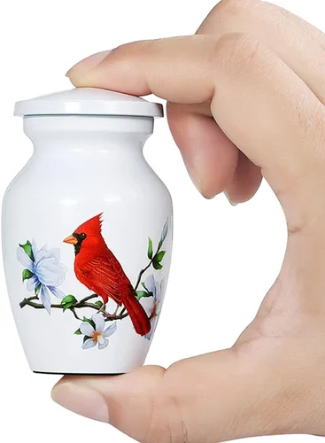 Red Cardinal Bird - Urna de recuerdo pequeña para cenizas humanas o cenizas de mascotas, mini urna de cremación de aluminio para cenizas - Soporte