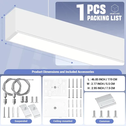 Miniatura 6 de Whtie - 1 paquete de luces lineales LED de 4 pies de 50/45/40/35/30 W, luz de arriba y abajo, 3000 K/4000 K/5000 K, iluminación comercial enlazable