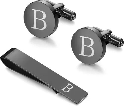 LOYALLOOK Juego de gemelos negros con inicial y clip de corbata para hombre, gemelos de cobre personalizados y barra de corbata, letras del alfabeto
