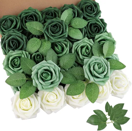 Miniatura 9 de AmyHomie 25 rosas artificiales beige de aspecto real con tallo para ramos de boda, centros de mesa, arreglos de fiesta, baby shower, día de San