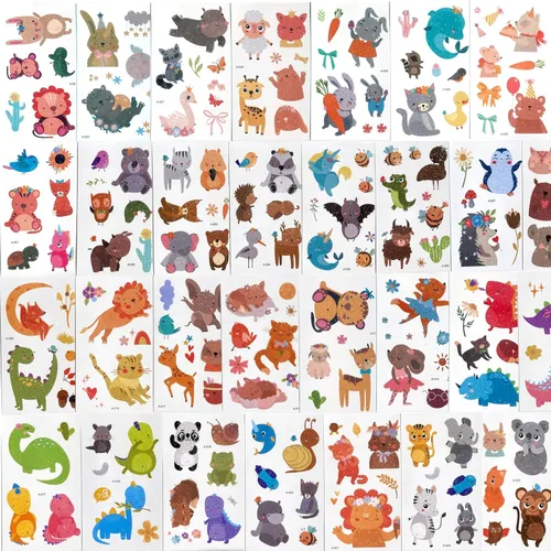 Tatuajes temporales de animales con brillantina, 30 hojas de calcomanías de tatuajes falsos de animales salvajes, tatuajes pequeños impermeables