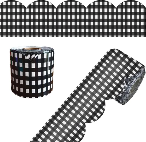 Carson Dellosa Farmhouse 65 pies de bordes de tablaroca de gingham negro y blanco para tablón de anuncios, 1 rollo de borde festoneado para pizarra