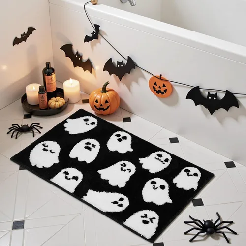 Miniatura 8 de Lindameler Alfombra de baño de Halloween, espeluznante alfombra de baño de fantasma blanco y negro para decoración de baño de Halloween