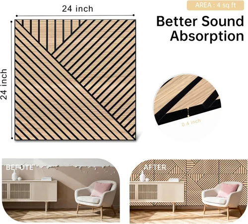 Miniatura 5 de Mollywell Paneles de pared acústicos artísticos, 23.6 x 23.6 pulgadas, paquete de 8 unidades, chapa de grano de madera de PVC, decoración de pared