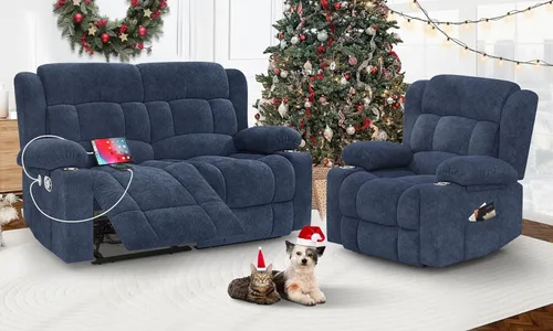 Miniatura 23 de Juego de Sofá Reclinable de Dos Plazas con 2+1 Piezas, Sillón Reclinable Minimalista de 2 Plazas con Pestaña de Tirón Manual, Tela con Puertos