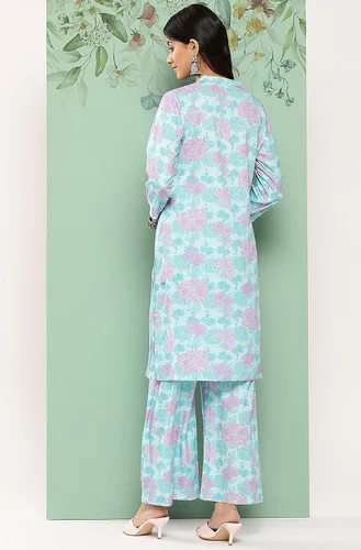 Miniatura 7 de Janasya Conjunto de coords con estampado digital de crepé azul cielo para mujer india