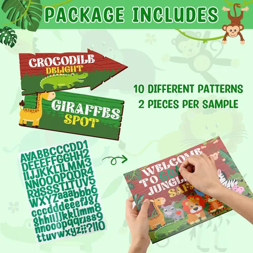 Miniatura 6 de Hooqict 20 piezas de señal de fiesta safari para bienvenida a la fiesta temática de safari en la selva, señales direccionales, decoraciones