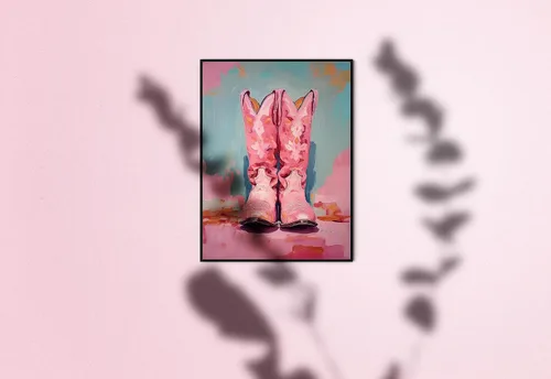 Miniatura 7 de TwoDays Botas de vaquera rosadas para decoración de habitación, pinturas femeninas del oeste para apartamento, botas de vaquero costero, impresiones