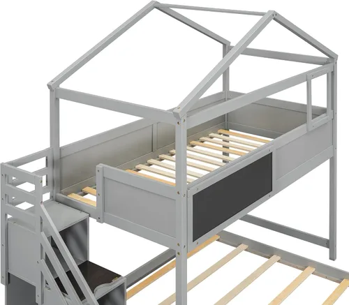 Miniatura 7 de Merax Literas de madera de tamaño individual sobre cama matrimonial con techo y barandilla de protección para niños, niños pequeños, no necesita