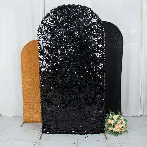Efavormart - Juego de 3 fundas para telón de fondo de arco de Chiara color negro dorado (7 pies/6 pies/5 pies), parte superior redonda, ajuste
