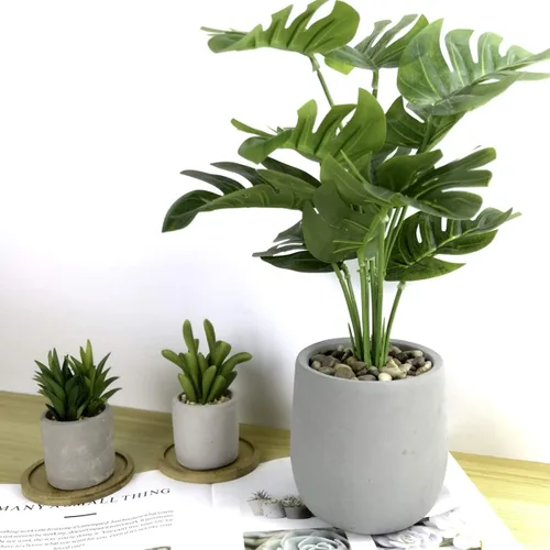 Miniatura 4 de Birsppy Tuokor - Plantas artificiales pequeñas de 15 pulgadas, hoja verde palmera en macetas de cemento para interiores y exteriores, plantas falsas