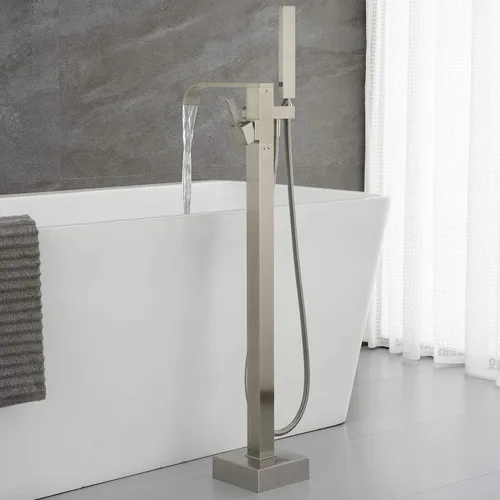 Miniatura 3 de Grifo de Bañera Independiente Relleno de Tina Níquel Cepillado Grifo de Montaje en Piso de Latón con Manija Única y Ducha de Mano
