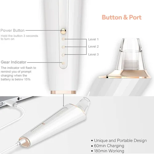 Miniatura 3 de Aspiradora de poros para eliminar puntos negros, limpiador facial recargable por USB, kit de eliminación de puntos negros con 3 potencia de succión