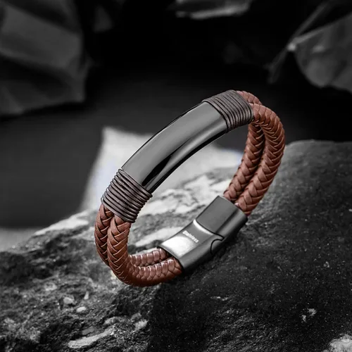 Miniatura 4 de murtoo Pulsera para hombre de cuero y acero, pulseras trenzadas de doble fila para hombres con cierre magnético de acero inoxidable, regalo elegante