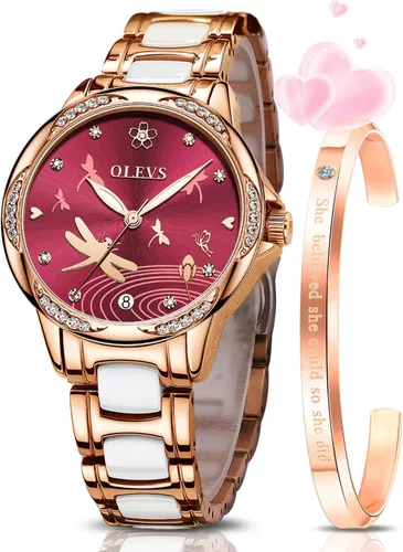 Miniatura 8 de OLEVS Relojes para mujer, mecánico automático, cuerda automática, oro rosa, reloj de mujer, vestido de diamante, pulsera de cerámica, impermeable