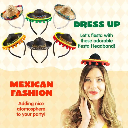 Miniatura 4 de JOYIN 6 diademas de tela y sombrero de paja del Cinco de Mayo, para disfraz de fiesta divertida, suministros de fiesta, accesorios de fotos