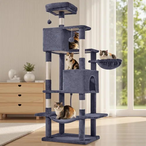 Miniatura 7 de DUMOS Torre grande de árbol para gatos de 66 pulgadas, torre alta de escalada para gatos de varios niveles con postes rascadores de sisal natural