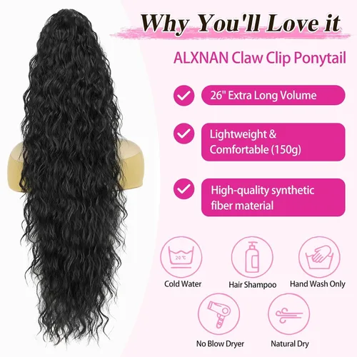 Miniatura 3 de ALXNAN Cola de caballo con clip de garra, extensión de cola de caballo negra de 26 pulgadas para mujer, extensiones de cabello sintético sintético