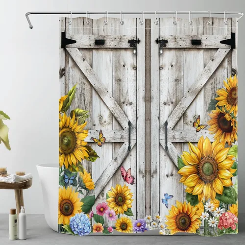 Miniatura 22 de Cortina de ducha con puerta de granero occidental para baño, lavanda púrpura y verde corona de eucalipto en tableros de madera rústica, cortina