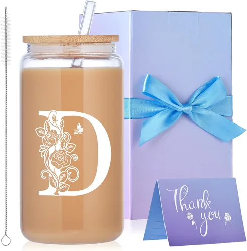 Miniatura 9 de Vasos de vidrio con iniciales con tapas y pajitas, regalos con monograma para mujeres, vaso de vidrio de cerveza de 16 onzas, taza de café helado