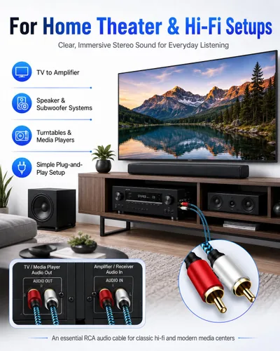 Miniatura 5 de Cable RCA de 5 pies/4.9 ft 2RCA macho a 2RCA macho cable de audio estéreo trenzado de nailon cable de audio auxiliar para cine en casa