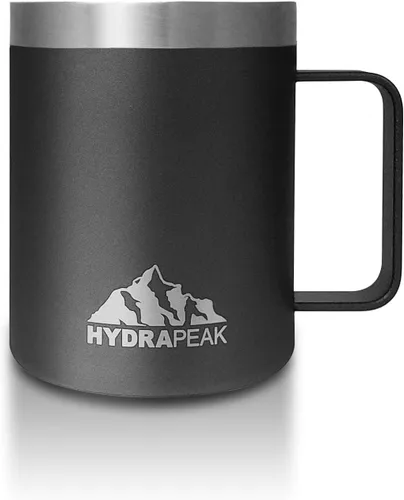Hydrapeak - Taza de viaje con doble aislamiento al vacío, de acero inoxidable, con asa integrada y tapa a presión (354.88 ml), Taza de café, Negro
