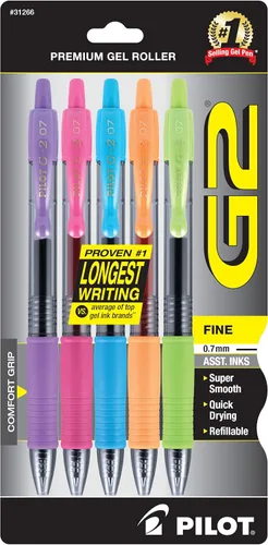Pilot G2 Bolígrafos de Gel Premium, Bolígrafos de Gel Retráctiles, Punta Fina 0.7 mm, Colores Surtidos 5 Variado (Assorted Fashion)