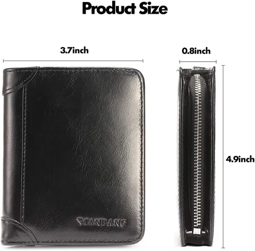 Miniatura 24 de Billetera para hombre con cremallera de cuero genuino RFID tarjeteros de piel de vaca con cremallera bolsillo para monedas, carteras plegables