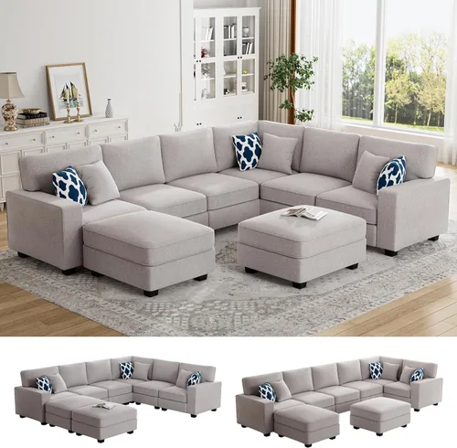 Legend Vansen - Sofá modular seccional en forma de U con otomano, moderno, reversible, para esquina, seccional para sala de estar (Gris claro, Sofá